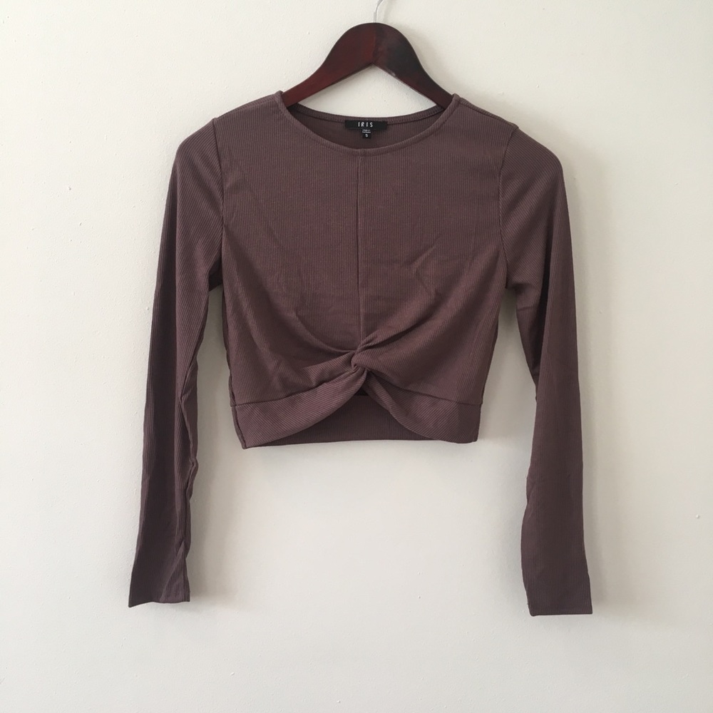 Crop Top Twist Front Long Sleeve Ribbed Plum - Picture 5 of 10